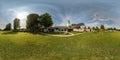 KIROV, RUSSIA - JULY 2018. Full seamless 360-degree spherical HDRI panorama. Yard, lawn of a wooden village house