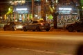 Kirov, Russia - October 21, 2017: Car in the night city. Colorful night traffic. Evening city with traffic lights