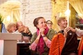 Kirov, Russia - October 02, 2019: People at table in cafe or restaurant during intellectual game. People waiting for the waiter to