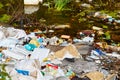 Kirov, Russia - September 04, 2018: Garbage in forest. People illegally thrown garbage into forest. Concept of man and nature.