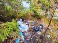 Kirov, Russia - September 18, 2023: Piles of garbage in forest, random dumping in nature. Stink heap, plastic bag and