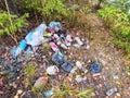 Kirov, Russia - September 18, 2023: Piles of garbage in forest, random dumping in nature. Stink heap, plastic bag and