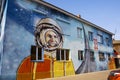 Kirzhach city, Russia, house with a portrait of cosmonaut Yuri Gagarin.