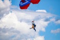 Kirzhach Russia July 22, 2023 Jump in tandem skydivers-athletes with a parachute.