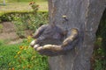 Kishinev. Moldova. 07.28.22. An outdoor faucet with drinking water and a decorative sink in the form of two hands folded together. Royalty Free Stock Photo