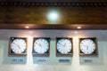 Kislovodsk, Russia. December 28, 2018. 4 clocks showing time in different cities