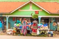 Kisoro / Uganda - March 02 2020: Vendor sell a variety of plastic pots, pans, and baskets on the street.