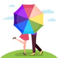 Kiss behind umbrella. Men and women pair, walking together rainy day, romantic relationships valentines or wedding card