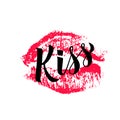 Kiss calligraphy hand lettering with lipstick kiss isolated on white. Imprint of red lips. Vector template for typography poster, Royalty Free Stock Photo