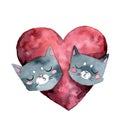 Two gray cats kiss and big pink heart watercolor