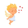 Kiss Cupid. Cute angel with wings and hearts. Expression of love in cartoon style. Symbol for valentine day