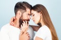 Kiss each other teasing enjoying tenderness and intimacy. Romantic couple in love looking at each other. Sensual touch Royalty Free Stock Photo