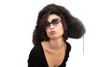 Kiss in ear-flaps fur hat and sunglasses