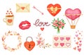 Kiss, heart, envelope. Cute romantic set of watercolor elements for Valentine's Day. Hand drawn floral wreath and Royalty Free Stock Photo