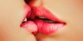 Kiss lesson. Two women friends kissing. Two beautiful sexy lesbians in love. Closeup of women mouths kissing. Passionate