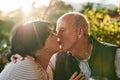 Kiss, love and senior couple in nature for love, date and affection during retirement holiday. Happy, care and Royalty Free Stock Photo