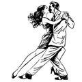 Kiss man and woman dancing couple tango retro line art