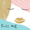 Kiss me creative illustration girl portrait with golden lips