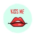 Kiss me greeting card, poster with red hand drawn lips. Vector illustration with phrase KISS ME isolated on white Royalty Free Stock Photo