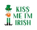 Kiss me I m Irish lettering and Leprechaun cartoon icon with green hat, mustache, red beard, pipe and leaf of shamrock. Funny St. Royalty Free Stock Photo