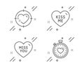Kiss me, Miss you and Heart target icons set. Heartbeat timer sign. Love sweetheart, Love heart. Love set. Vector