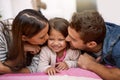 Kiss, parents or girl to love, lying or bed as happy, hug or memory of bonding together in house. Papa, mama or child as