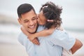 Kiss, piggyback and a father on the beach with his daughter for travel or vacation on a summer morning. Family, kids and Royalty Free Stock Photo