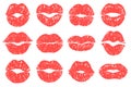 Kiss print. Woman lips, fashion lipstick prints and love lips kisses vector illustration set