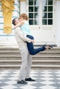 Kiss. Romantic love story, couple in park. Outdoor Royalty Free Stock Photo