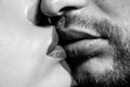 Kiss . Sexy couple In Love. Intimate relations. Close-up mouths kissing. Passion and sensual touch. Romantic man with Royalty Free Stock Photo