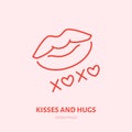 Kisses and hugs illustration. Xoxo expression flat line icon, romance logo. Valentines day greeting sign