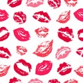 Kisses seamless pattern. Pink red kiss female lips with lipstick. Isolated lip silhouettes, romantic sexy fabric print Royalty Free Stock Photo