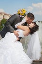 Kissin of groom and bride in their wedding day Royalty Free Stock Photo