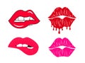 Kissing and biting lips collection. Melting lipstick. Dripping paint. Isolated vector illustration set. Royalty Free Stock Photo