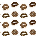 Kissing and biting lips with leopard print. Melting lipstick. Seamless pattern. Isolated stock vector illustration