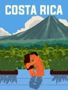 Kissing couple with arenal volcano mountain in Costa Rica illustration best for travel poster with vintage retro style Royalty Free Stock Photo