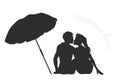 Kissing couple on the beach. Black silhouette. Romantic date under an umbrella. Summer love scene. Kiss of guy and girl