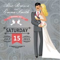 Kissing couple bride and groom. Wedding invitation with paisley