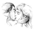 Kissing couple in love, black and white hand drawn illustration.