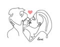 Kissing couple, romantic vector sketch, text love. One continuous line drawing, illustration of kiss. Royalty Free Stock Photo