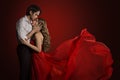 Kissing Couple, Young Man Kiss Beautiful Woman, Waving Red Dress Royalty Free Stock Photo