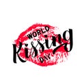 Kissing day hand lettering with lipstick kiss isolated on white. Imprint of red lips. Easy to edit template for typography poster Royalty Free Stock Photo