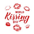 Kissing day hand lettering with lipstick kiss isolated on white. Imprints of red lips. Easy to edit template for typography poster Royalty Free Stock Photo