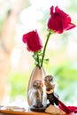 kissing dolls under two red roses with soft focus background Royalty Free Stock Photo