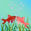 Kissing fish. Cute cartoon fishes in love romantic illustration. Template for Valentine day Royalty Free Stock Photo