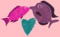 Kissing fish and heart painted with dashed lines. Two fish kiss on a pink background.