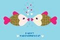 Kissing fish.Vector greeting card with paper cut fish and hearts.