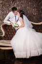 Kissing of the groom and bride in studio Royalty Free Stock Photo