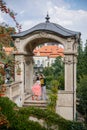 Kissing and hugging couple in baroque gazebo at terraced gardens below Prague Castle, Small FÃÂ¼rstenberg garden in district Lesser