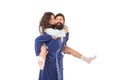 Kissing is the language of love. Woman kissing man giving her piggyback ride. Happy family Royalty Free Stock Photo
